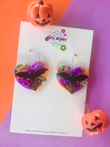 Halloween Candy Bat Dangles Spooky heart Earrings