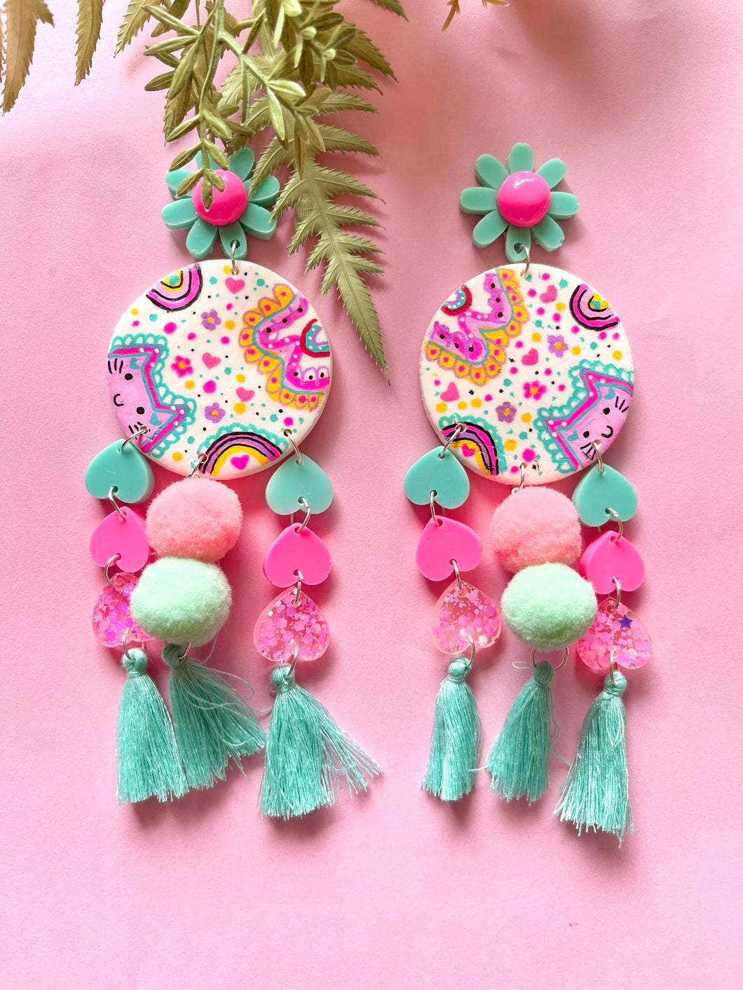 Kitty land aqua mint and pink statement earrings