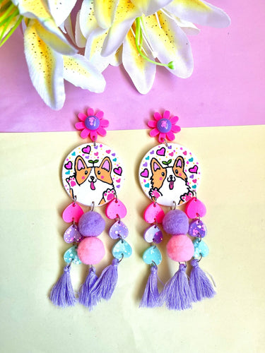 Corgi love statement dangles with pom poms