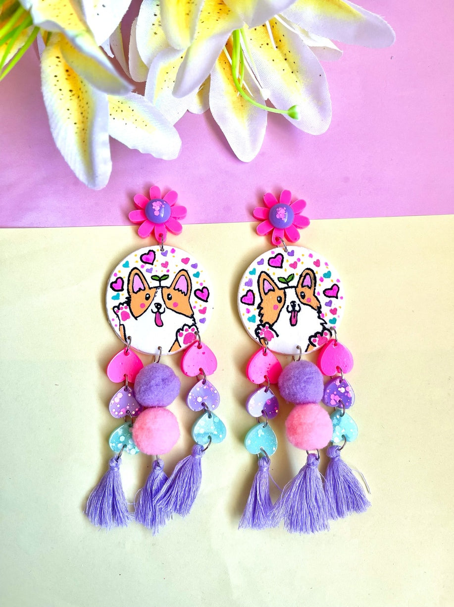 Corgi love statement dangles with pom poms