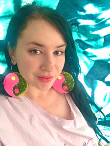 Jumbo pink and green yin yang earrings