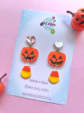 Load image into Gallery viewer, Jack o lantern candy corn earrings