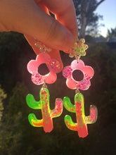 Load image into Gallery viewer, Daisy Cactus Dangles- Neon Glitter Statement Earrings (Made To Order)