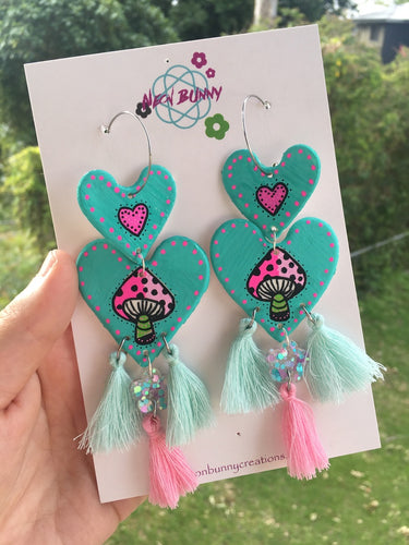 Mint mushroom heart dangles with tassels