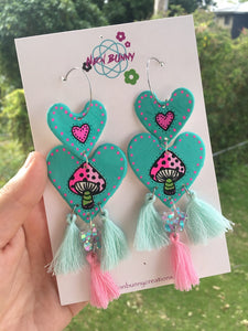 Mint mushroom heart dangles with tassels