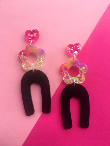 Licorice Daisy Flower Dangles- Glitter Statement Earrings
