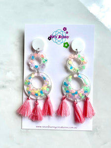 Candy hearts statement dangles with pink tassels