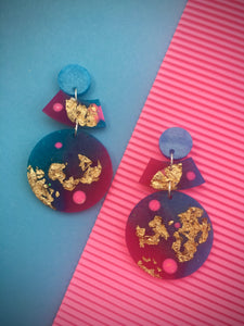 Magenta And Blue Dangle Earrings With Gold