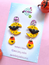 Load image into Gallery viewer, Spooky bat moon earrings with candy corns