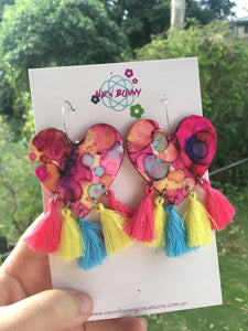 Tye dye rainbow heart dangles with tassels