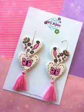 Load image into Gallery viewer, Butterfly Heart Dangles Pink Clay Earrings