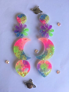 Celestial Alien Dangles Glitter Moon Earrings