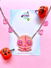 Load image into Gallery viewer, Trick or treat Sam spooky statement necklace with iridescent hearts