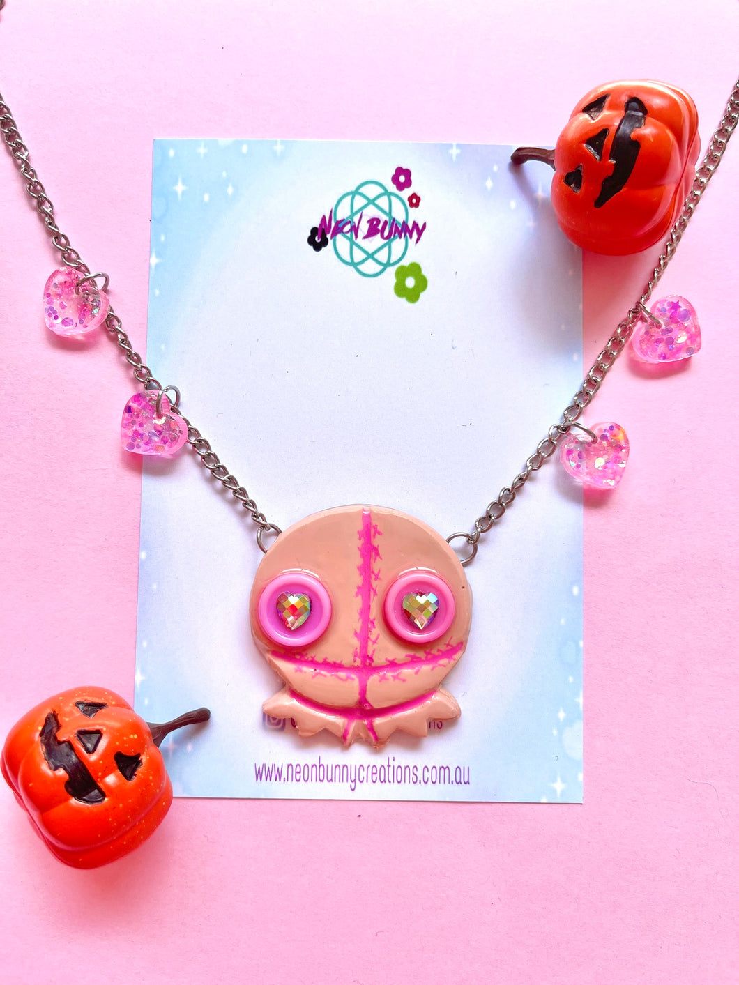 Trick or treat Sam spooky statement necklace with iridescent hearts