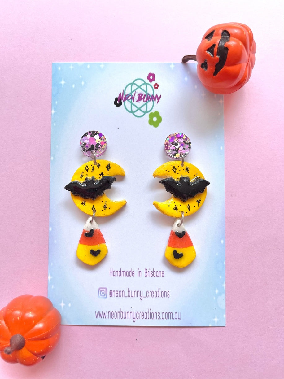 Spooky bat moon earrings with candy corns