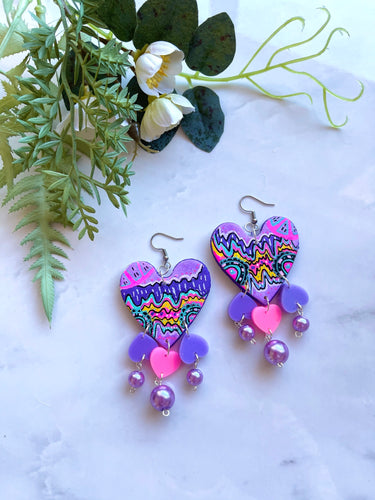 Graffiti heart dangles trippy art earrings