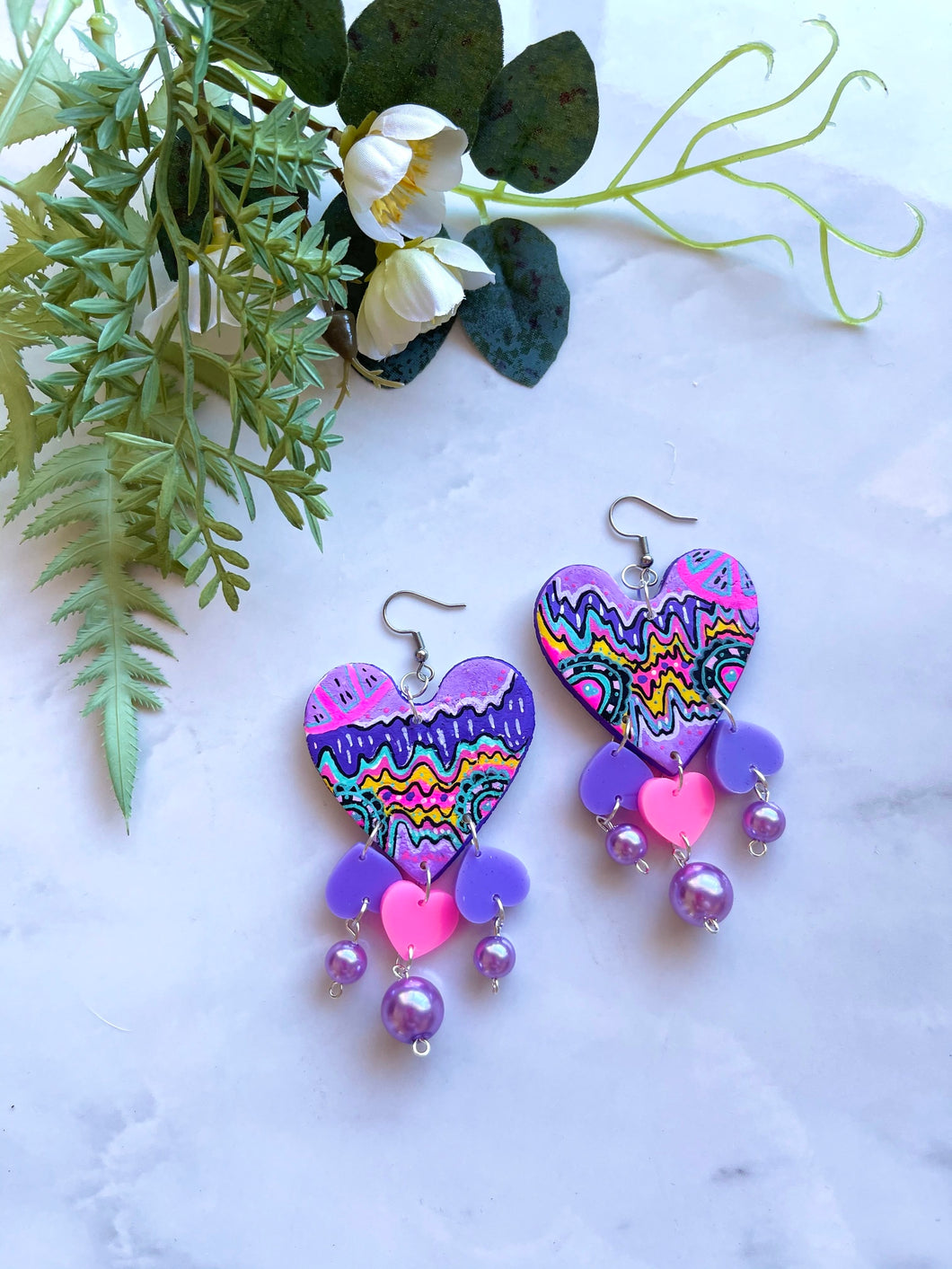 Graffiti heart dangles trippy art earrings