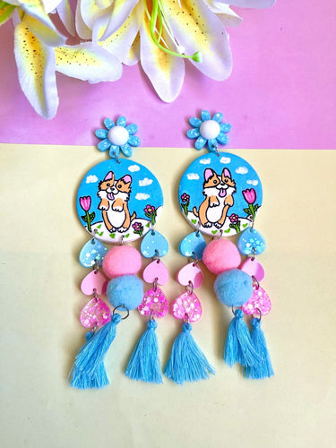Cloud nine corgi statement dangles with pom poms