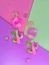 Load image into Gallery viewer, Daisy Cactus Dangles- Neon Glitter Statement Earrings (Made To Order)
