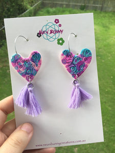 Tye dye mini heart dangles with tassels