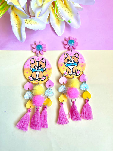 Royal corgi statement earrings with pom poms