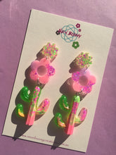 Load image into Gallery viewer, Daisy Cactus Dangles- Neon Glitter Statement Earrings (Made To Order)