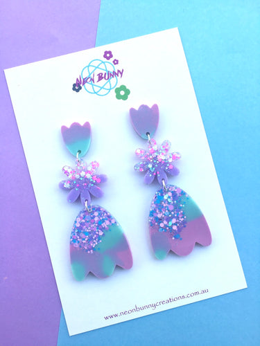 Minty Tulip Dangles-Flower Earring Studs.