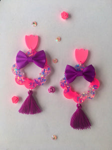 Hot Pink Flower Dangles With Bows- Glitter Daisy Earrings