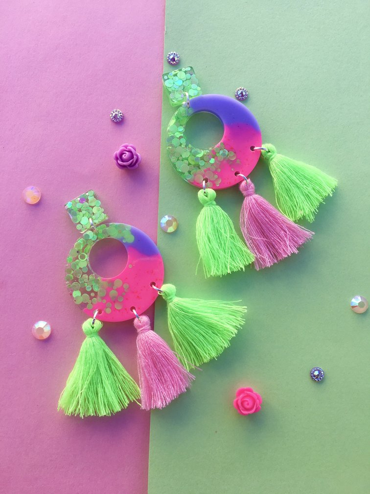 Electric Lime And Pink Dangles With Tassels