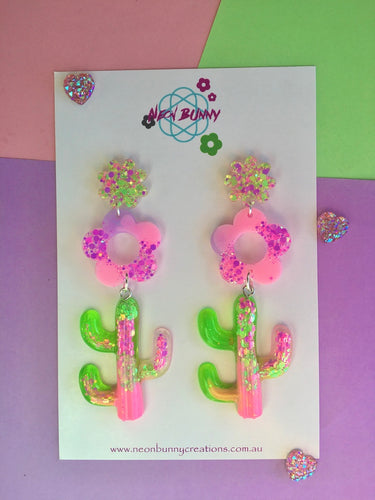 Daisy Cactus Dangles- Neon Glitter Statement Earrings (Made To Order)