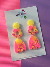 Load image into Gallery viewer, Neon daisy dangles flower earrings