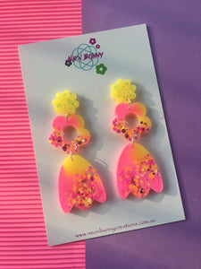 Neon daisy dangles flower earrings