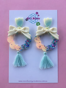 Minty Blossom Earrings With Tassels Flower Dangles