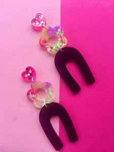 Licorice Daisy Flower Dangles- Glitter Statement Earrings