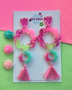 Pink Flower Blossom Dangles Glitter Earrings