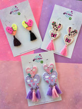 Load image into Gallery viewer, Neon Heart Dangles Clay Daisy Earrings