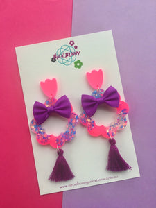 Hot Pink Flower Dangles With Bows- Glitter Daisy Earrings