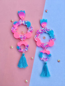 Dreamy Pink Flower Power Dangles- Glitter Daisy Earrings