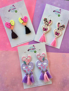 Butterfly Heart Dangles Pink Clay Earrings