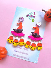 Load image into Gallery viewer, Candy corn witch hat earrings