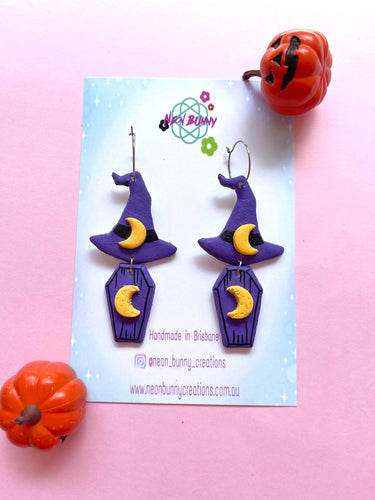 Salem witch coffin earrings