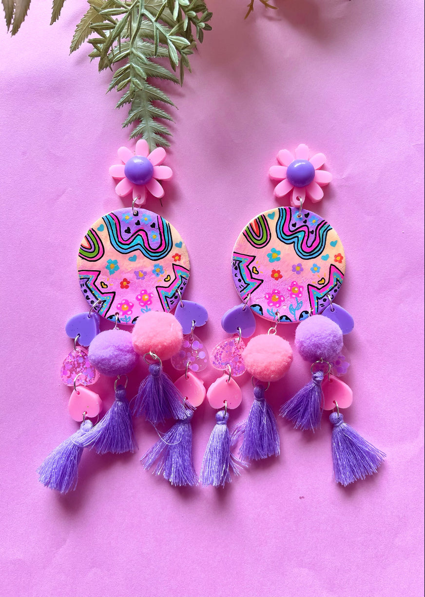 Kitty land pink and purple statement earrings