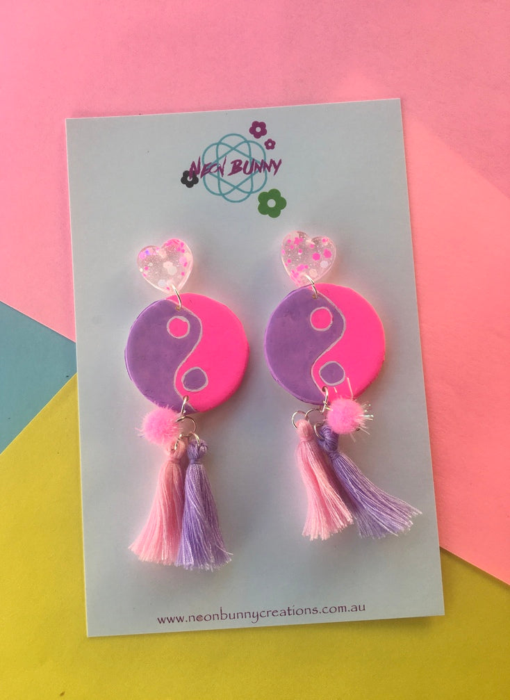 Mini yin yang dangles with tassels and Pom poms