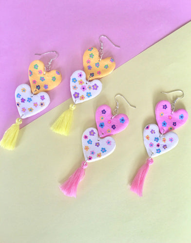 Flower power statement earrings/ double hearts with tassels