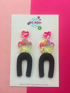 Licorice Daisy Flower Dangles- Glitter Statement Earrings