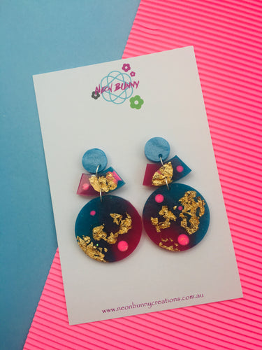 Magenta And Blue Dangle Earrings With Gold