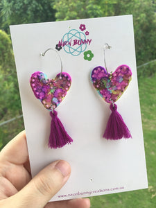 Tye dye mini heart dangles with tassels