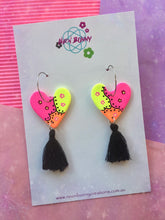 Load image into Gallery viewer, Neon Heart Dangles Clay Daisy Earrings