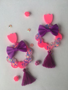 Hot Pink Flower Dangles With Bows- Glitter Daisy Earrings