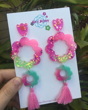 Load image into Gallery viewer, Pink Flower Blossom Dangles Glitter Earrings